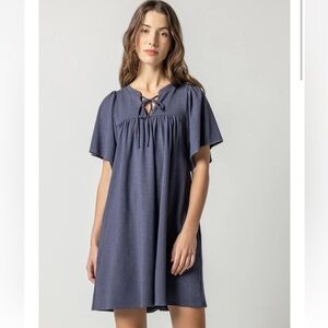 Lilla P Flutter Sleeve Split Neck Dress in Nocturne NWOT